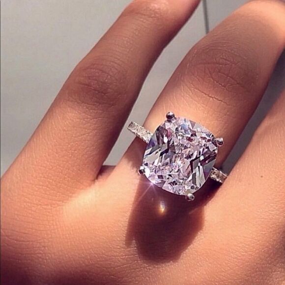 NEW! 18K White Gold Plated 5 Carat Cushion-Cut Solitaire Diamond Engagement Ring - Picture 3 of 9